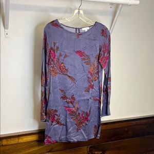 Leith Bell Sleeve Satin Floral Long Sleeve Dress Purple and Pink- XS